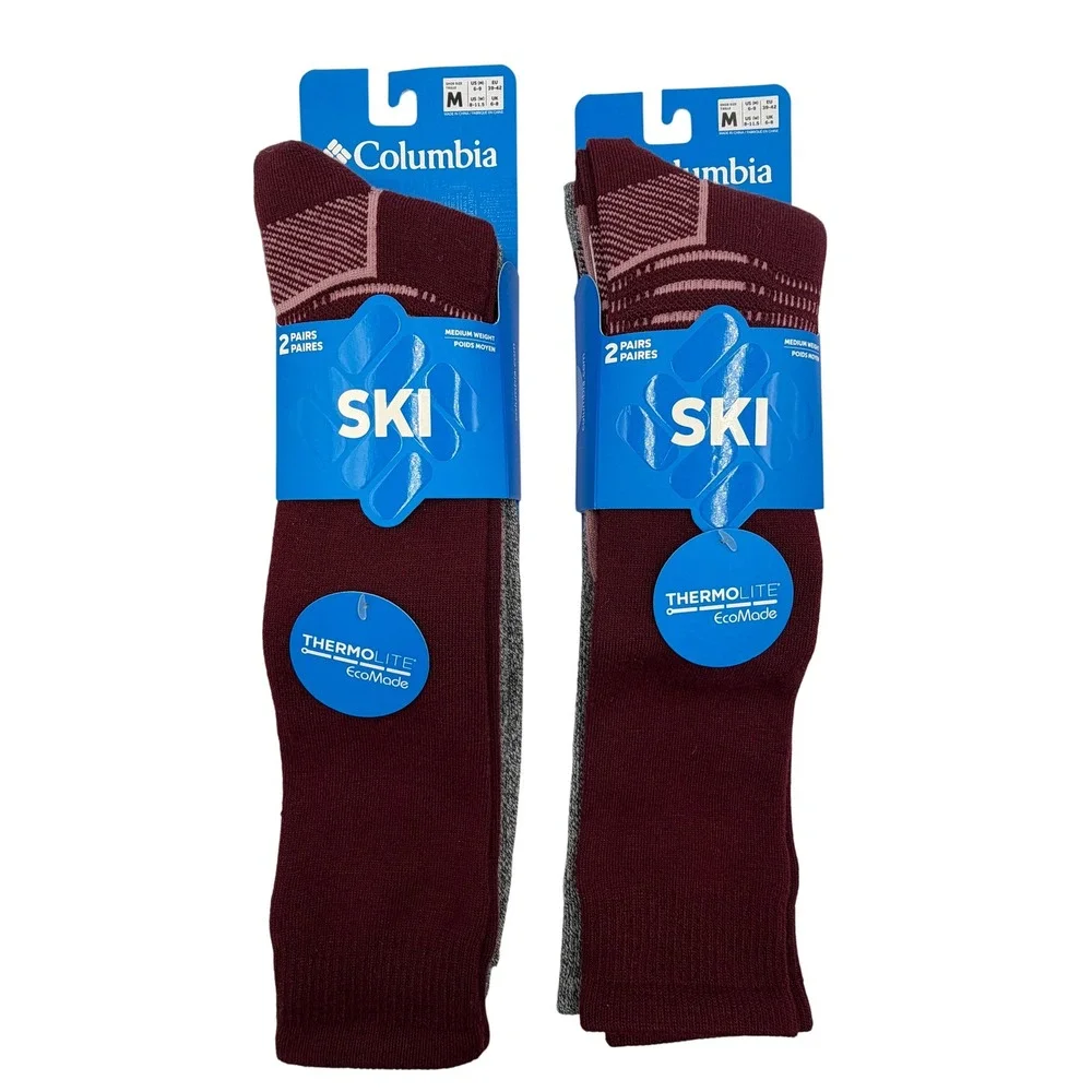 Columbia Ski Socks Women Size M Red Grey NEW 2-Pack Over-The-Calf LOT OF 4 PAIR